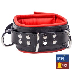 Collier Rembourré en Cuir 3 Anneaux en "D" Noir et Rouge
