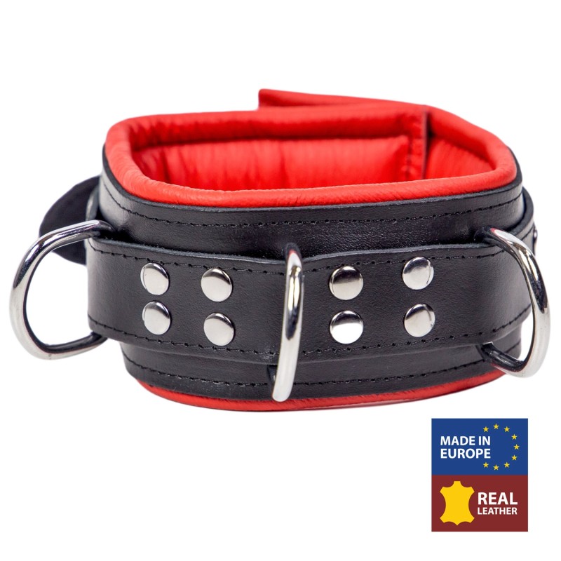 Collier Rembourré en Cuir 3 Anneaux en "D" Noir et Rouge