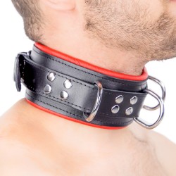 Collier Rembourré en Cuir 3 Anneaux en "D" Noir et Rouge 2