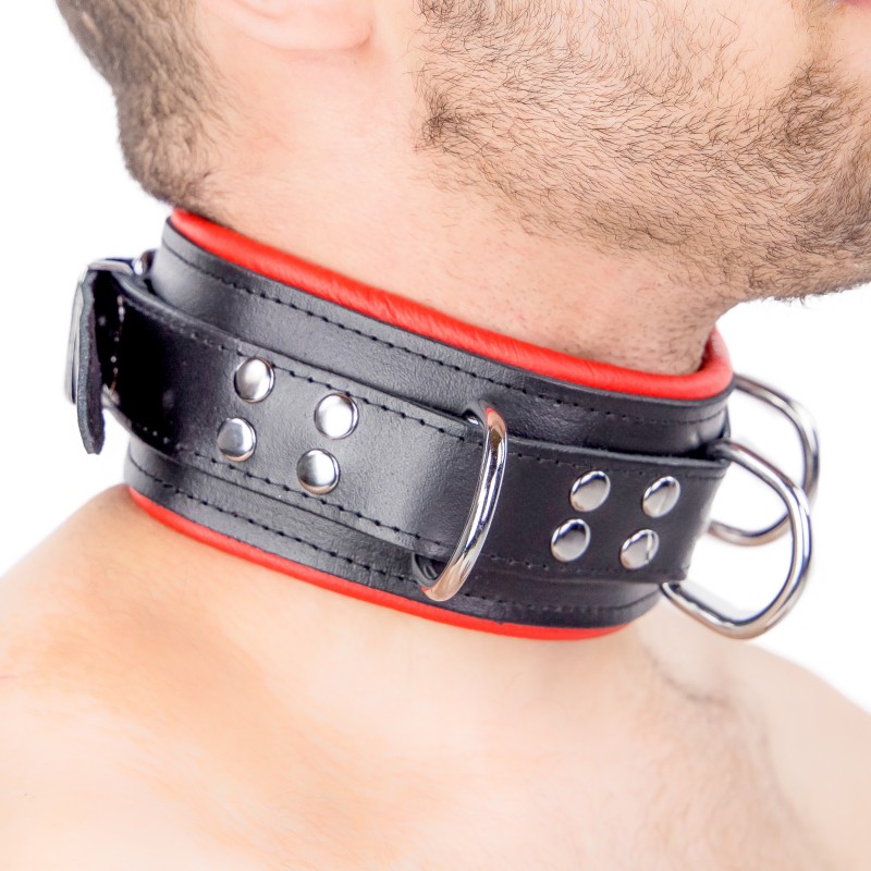 Collier Rembourré en Cuir 3 Anneaux en "D" Noir et Rouge