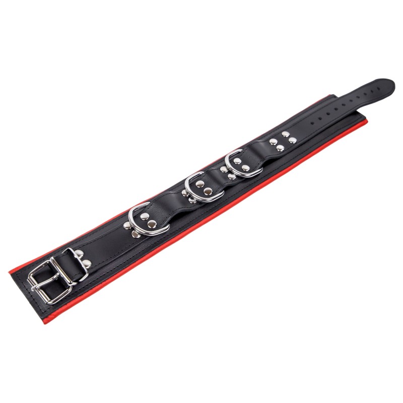 Collier Rembourré en Cuir 3 Anneaux en "D" Noir et Rouge