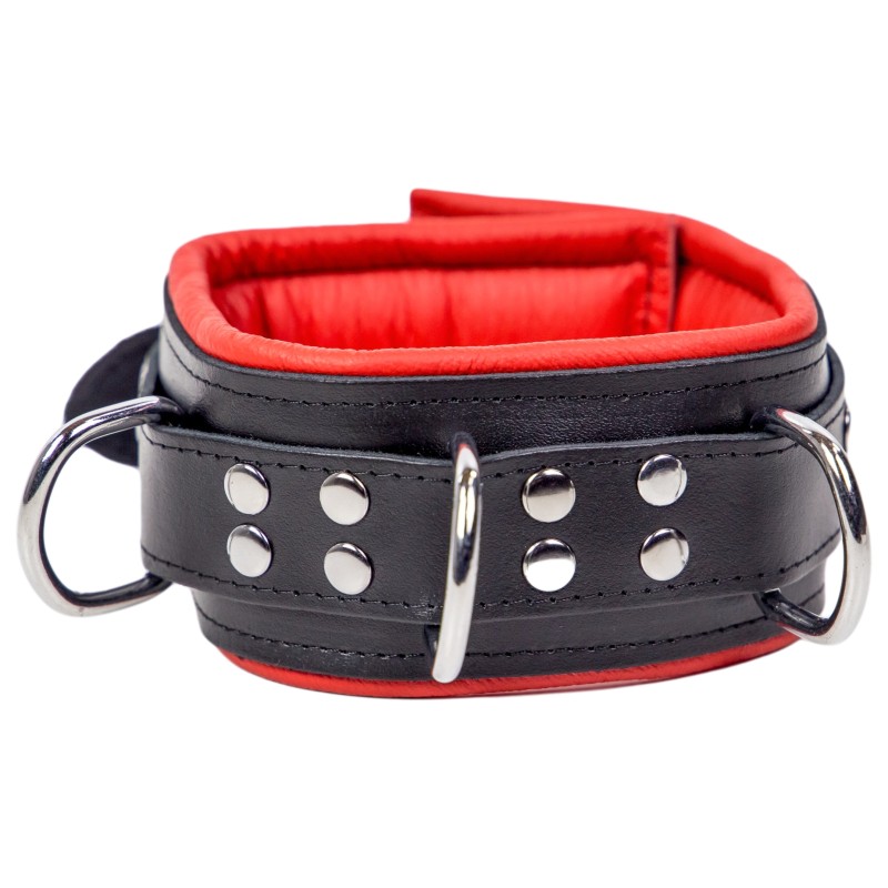 Collier Rembourré en Cuir 3 Anneaux en "D" Noir et Rouge