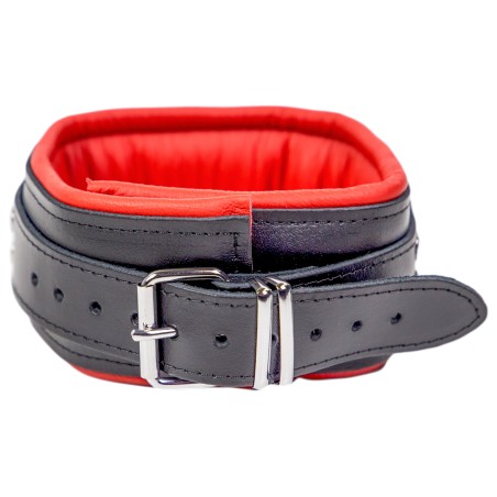 Collier Rembourré en Cuir 3 Anneaux en "D" Noir et Rouge