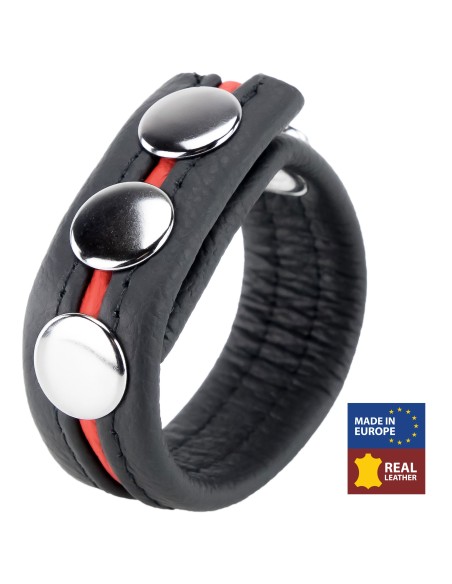Cockring Cuir 3 Pressions Noir-Rouge | FetishXplore