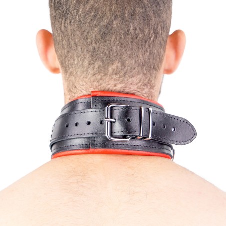 Collier Rembourré en Cuir 3 Anneaux en "D" Noir et Rouge