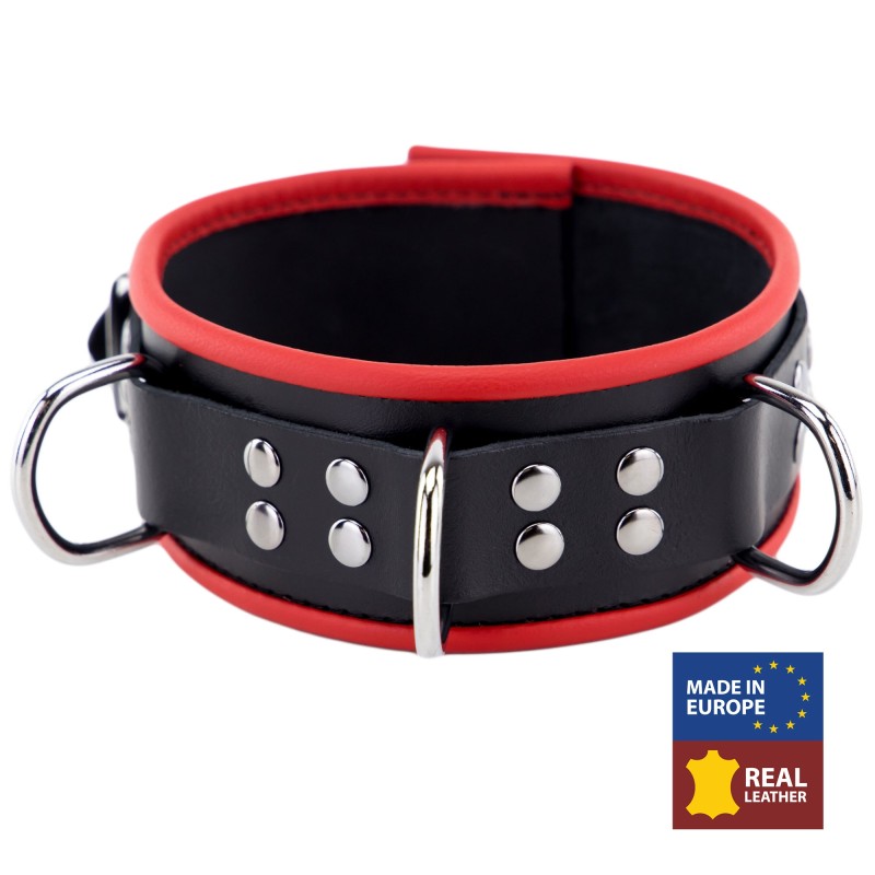 Collier en cuir avec 3 Anneaux  Rouge et Noir