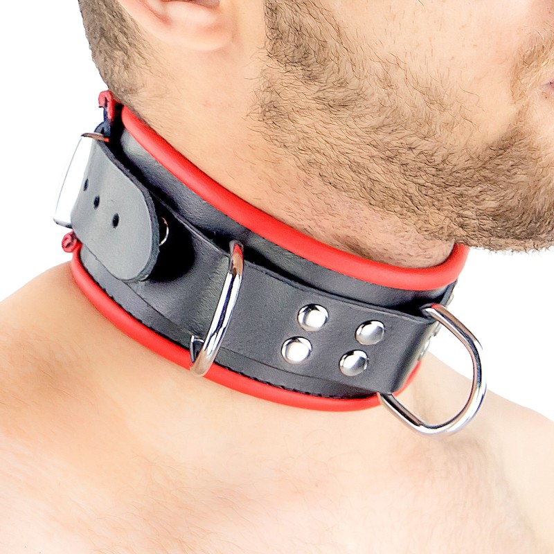 Collier en cuir avec 3 Anneaux  Rouge et Noir