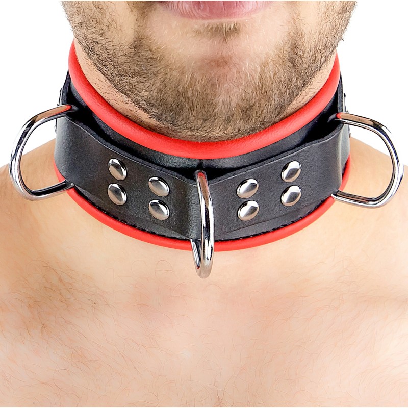 Collier en cuir avec 3 Anneaux  Rouge et Noir