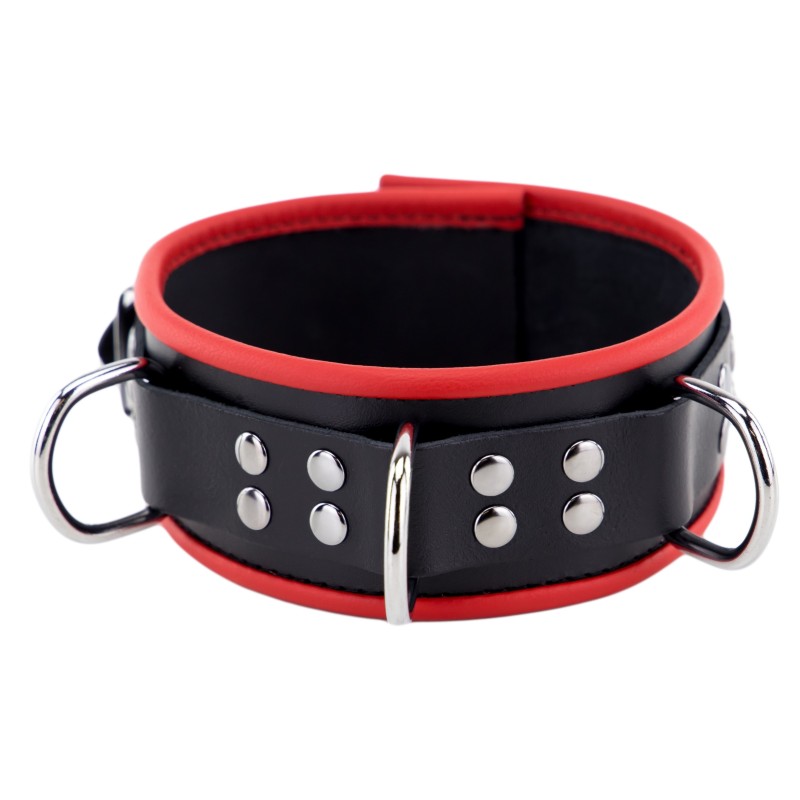 Collier en cuir avec 3 Anneaux  Rouge et Noir