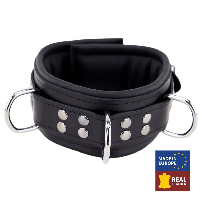 Collier Rembourré en Cuir 3 Anneaux en "D" Noir