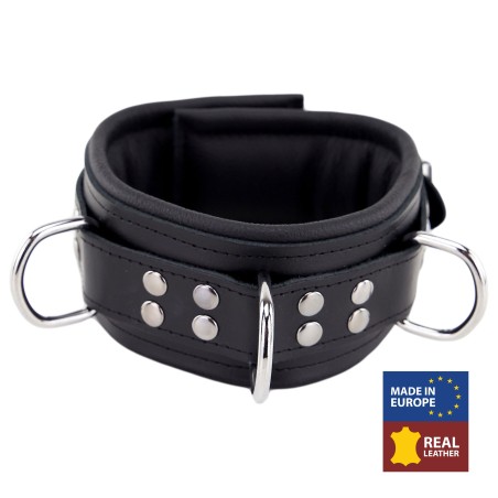 Collier Rembourré en Cuir 3 Anneaux en "D" Noir