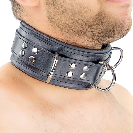 Collier Rembourré en Cuir 3 Anneaux en "D" Noir