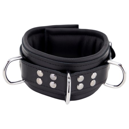 Collier Rembourré en Cuir 3 Anneaux en "D" Noir