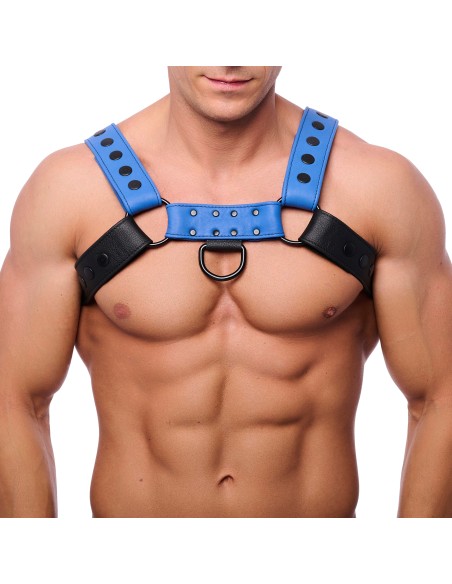 Harnais en Cuir Snap Noir-Bleu | FetishXplore