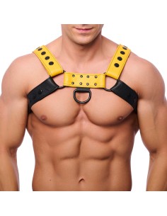 Harnais en Cuir Snap Noir-Jaune | FetishXplore