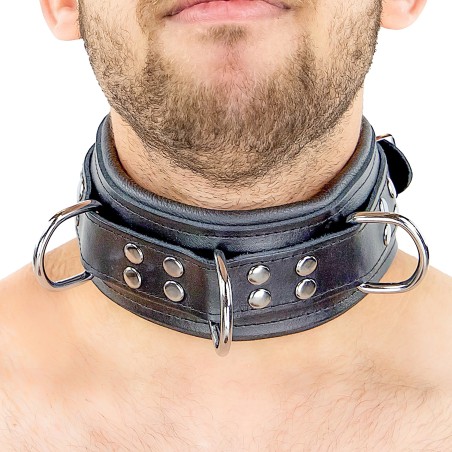 Collier Rembourré en Cuir 3 Anneaux en "D" Noir