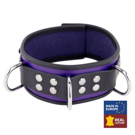 Collier en Cuir Noir et Violet avec Anneaux