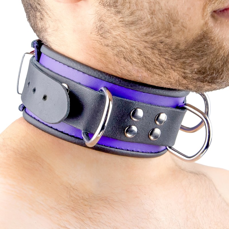Collier en Cuir Noir et Violet avec Anneaux