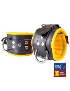 Menottes Chevilles Cuir Rembourré Noir Jaune - The Red | FetishXplore