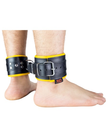 Menottes Chevilles Cuir Rembourré Noir Jaune - The Red | FetishXplore
