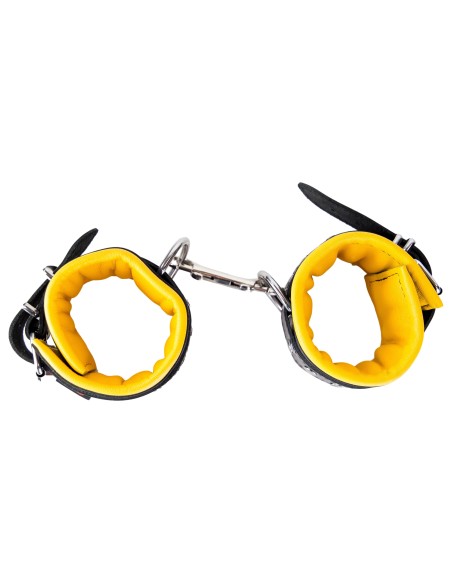 Menottes Chevilles Cuir Rembourré Noir Jaune - The Red | FetishXplore