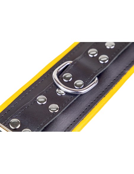 Menottes Chevilles Cuir Rembourré Noir Jaune - The Red | FetishXplore
