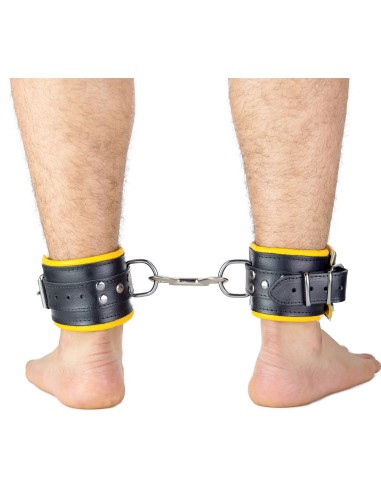 Menottes Chevilles Cuir Rembourré Noir Jaune - The Red | FetishXplore
