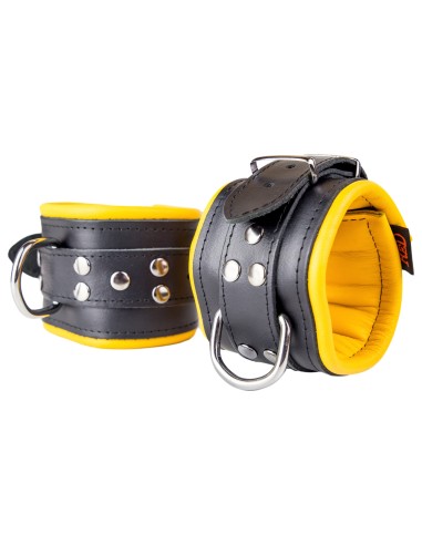 Menottes Chevilles Cuir Rembourré Noir Jaune - The Red | FetishXplore