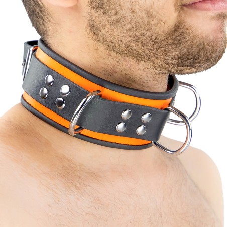 Collier en Cuir Noir et Orange avec Anneaux