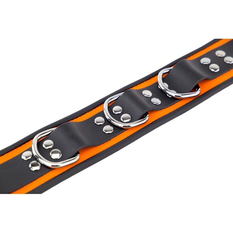 Collier en Cuir Noir et Orange avec Anneaux