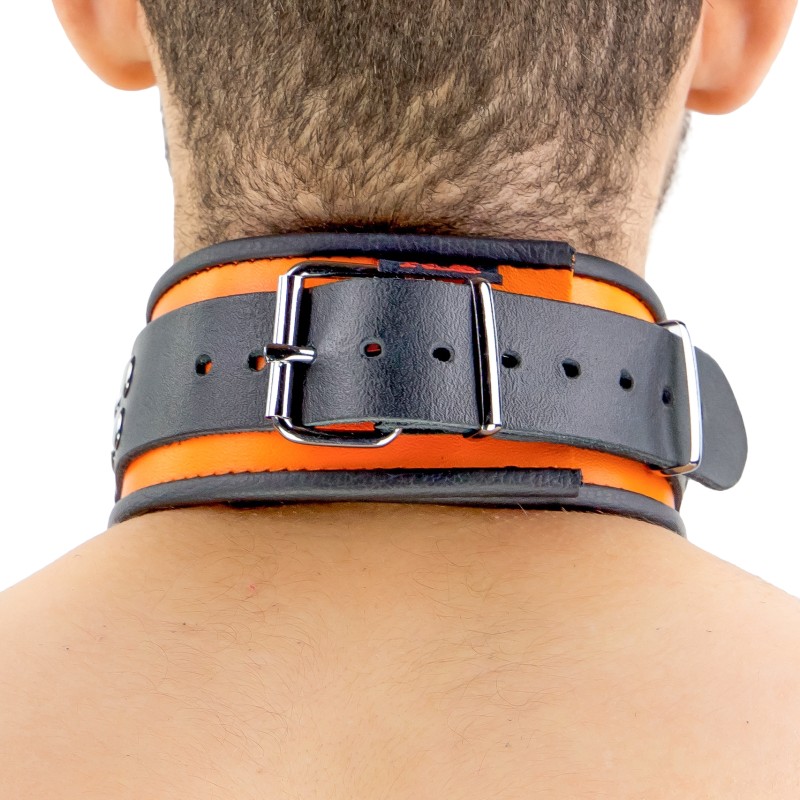 Collier en Cuir Noir et Orange avec Anneaux