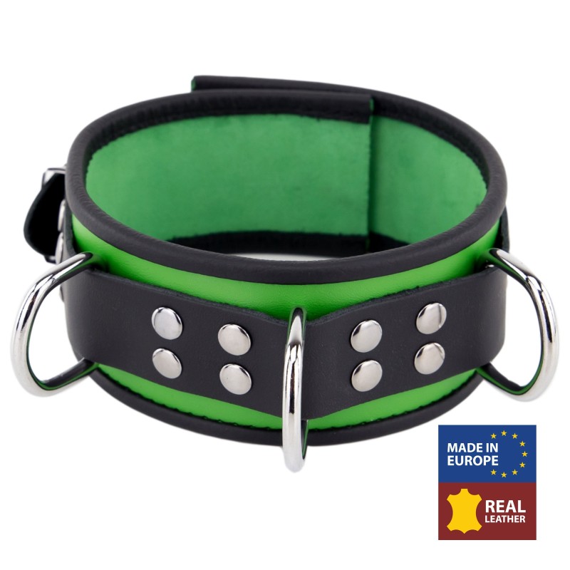 Collier en Cuir Noir et Vert avec Anneaux