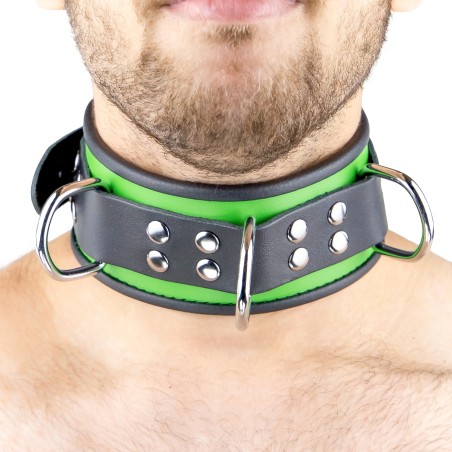 Collier en Cuir Noir et Vert avec Anneaux