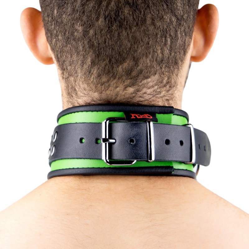 Collier en Cuir Noir et Vert avec Anneaux
