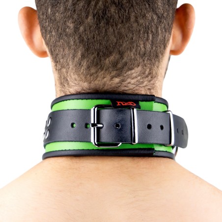 Collier en Cuir Noir et Vert avec Anneaux