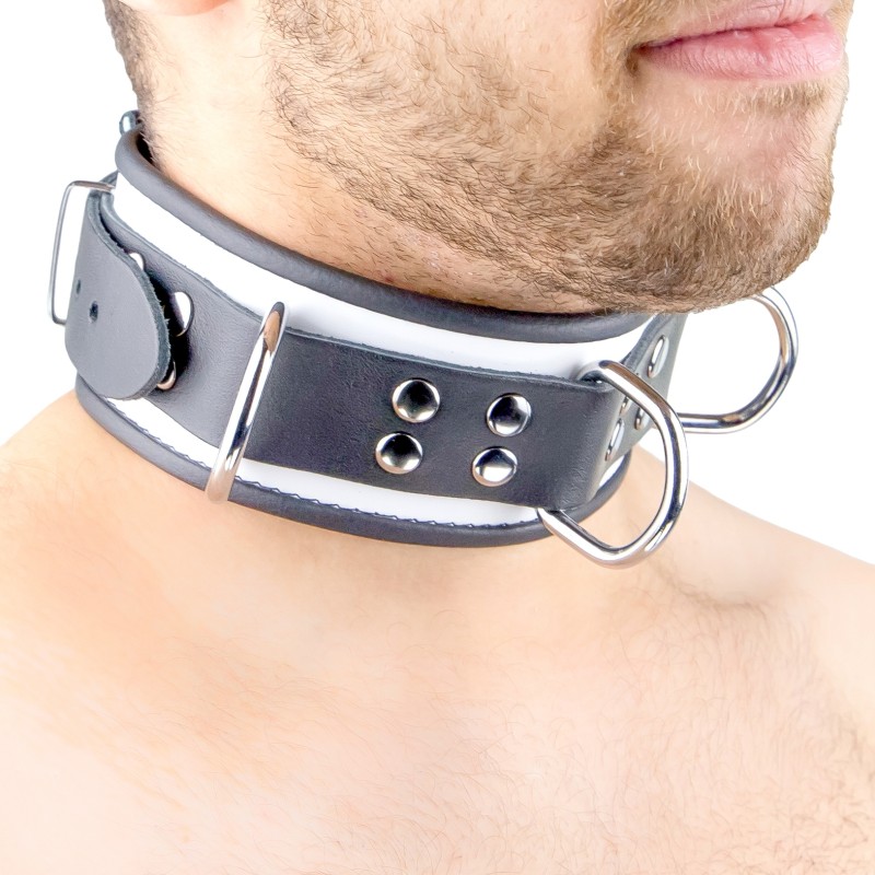 Collier en Cuir Noir et Blanc avec Anneaux