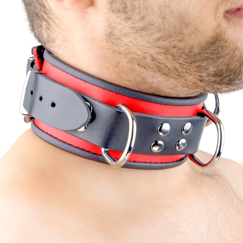 Collier en Cuir Noir et Rouge avec Anneaux