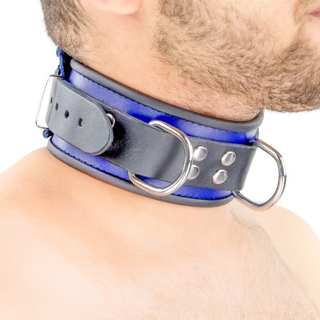 Collier en Cuir Noir et Bleu avec Anneaux